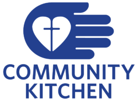 Blue hand cupping a white heart with a cross, logo for Community Kitchen.
