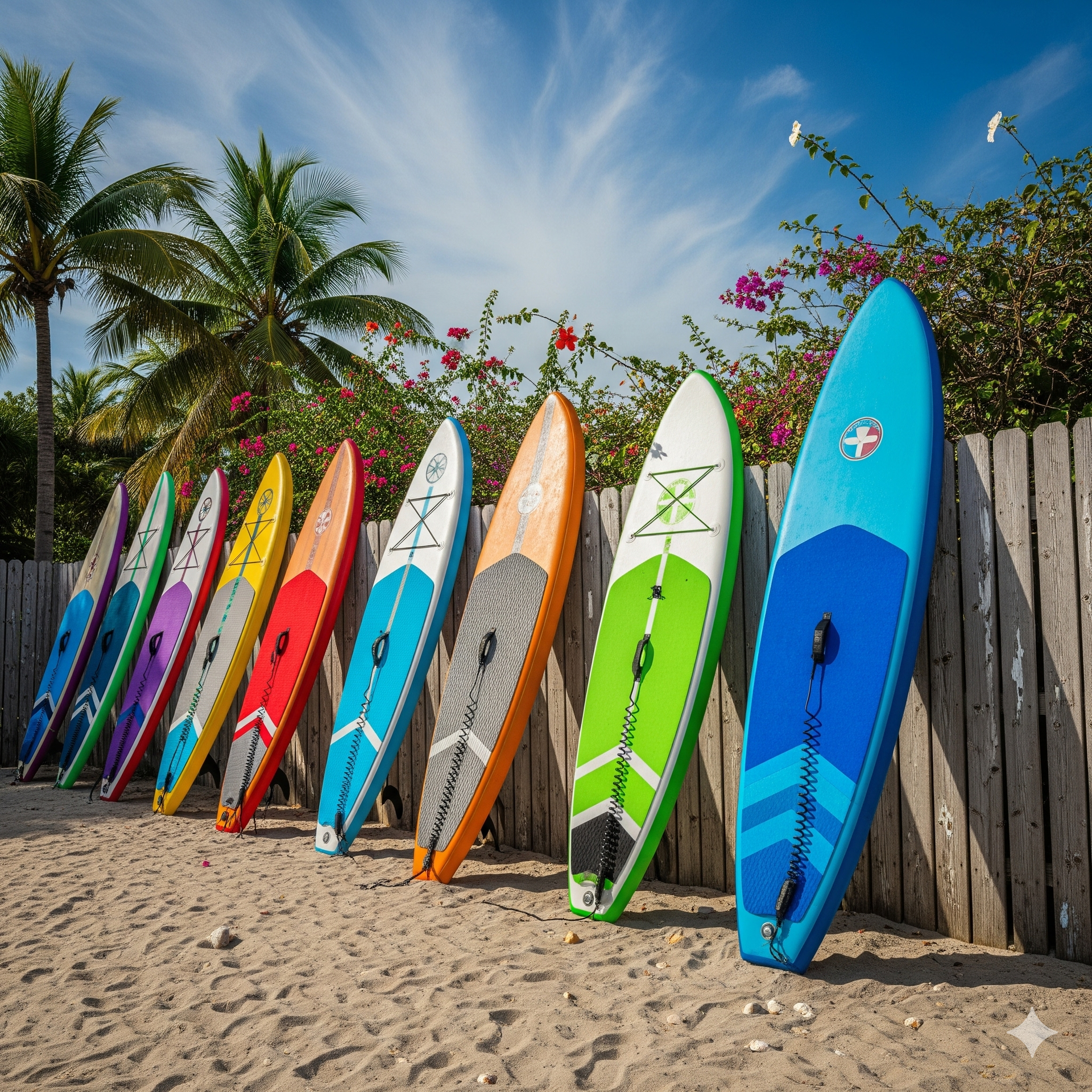 Row of colorful stand-up paddleboards leaning against a weathered wooden fence on a sandy beach, palm trees in background.