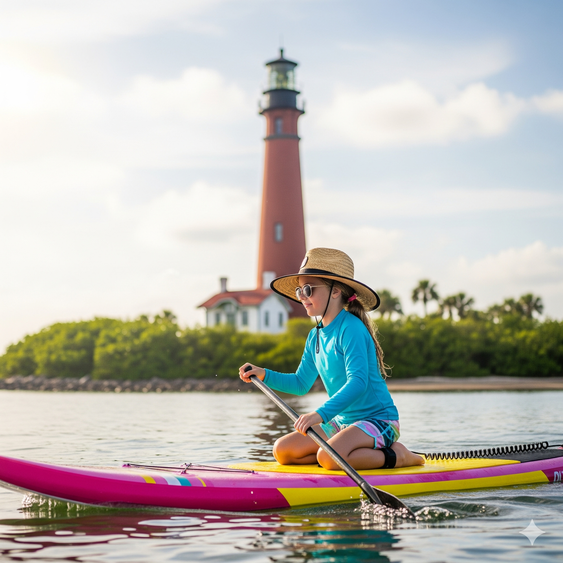 Woman paddleboarding towards a lighthouse on a sunny day.