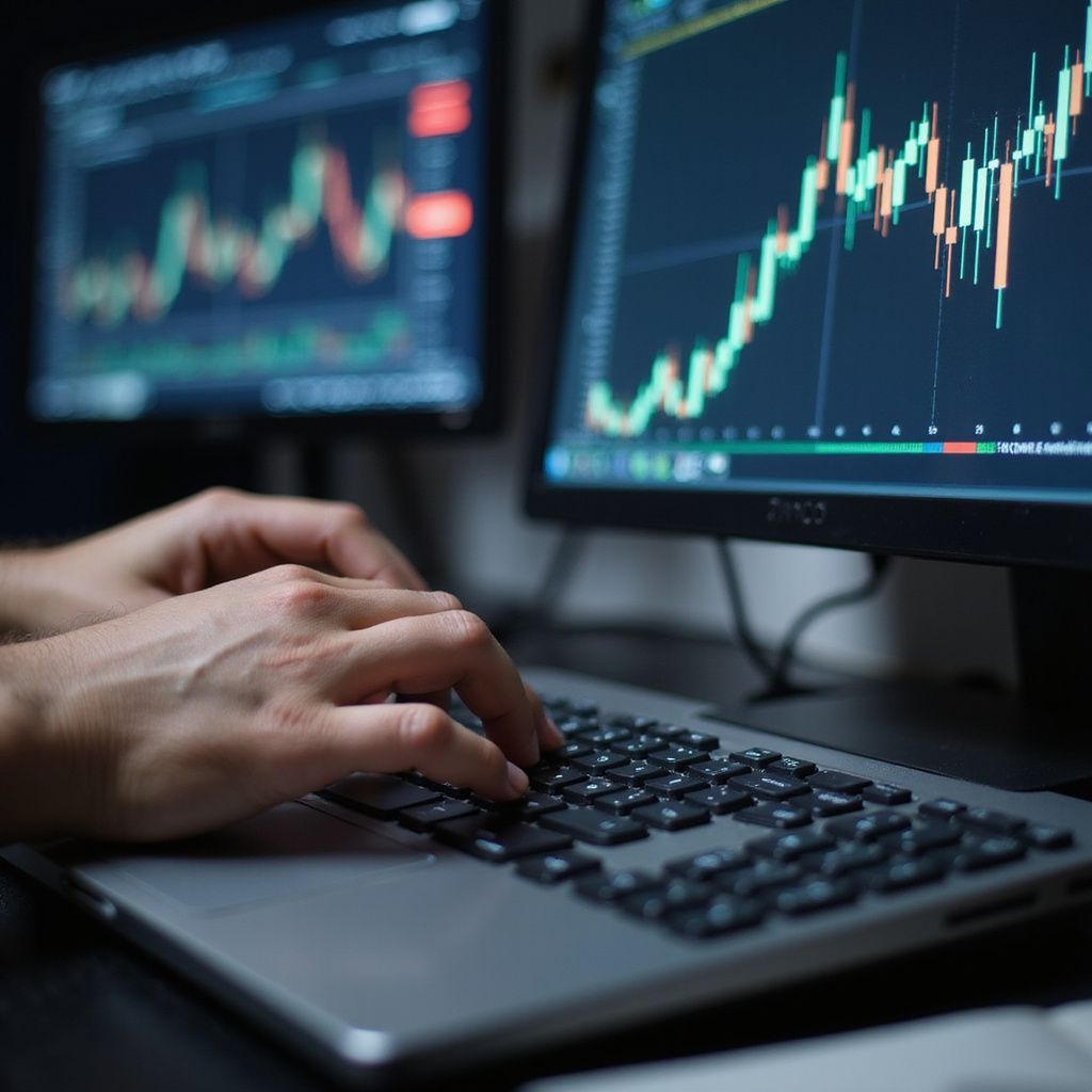 Hände tippen auf einem Laptop, während auf Monitoren in dunkler Umgebung Aktienkurse angezeigt werden.