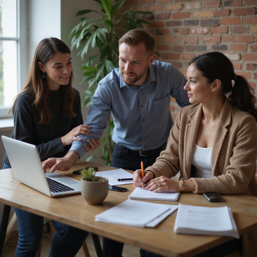 Drei Personen arbeiten an einem Tisch zusammen; Laptop, Dokumente und eine Pflanze sind ebenfalls vorhanden. Eine Person zeigt mit dem Finger, zwei schauen zu.