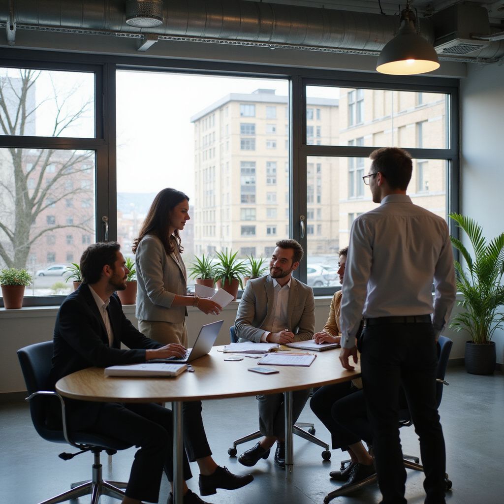 Eine Gruppe von Personen in Geschäftskleidung sitzt an einem Konferenztisch und bespricht Unterlagen. Helles Büro mit Blick auf die Stadt.