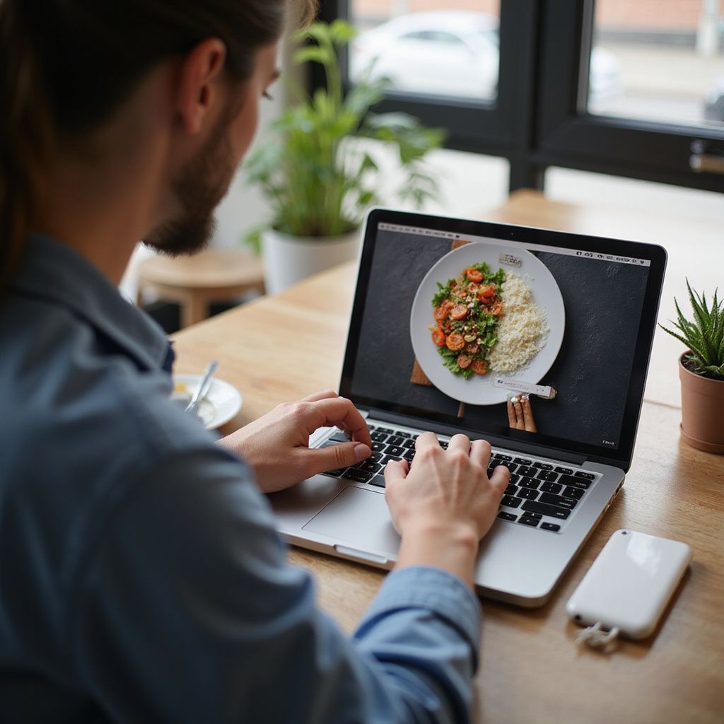 Ein Mann sitzt an einem Tisch und benutzt einen Laptop, auf dessen Bildschirm ein Bild von Essen angezeigt wird.