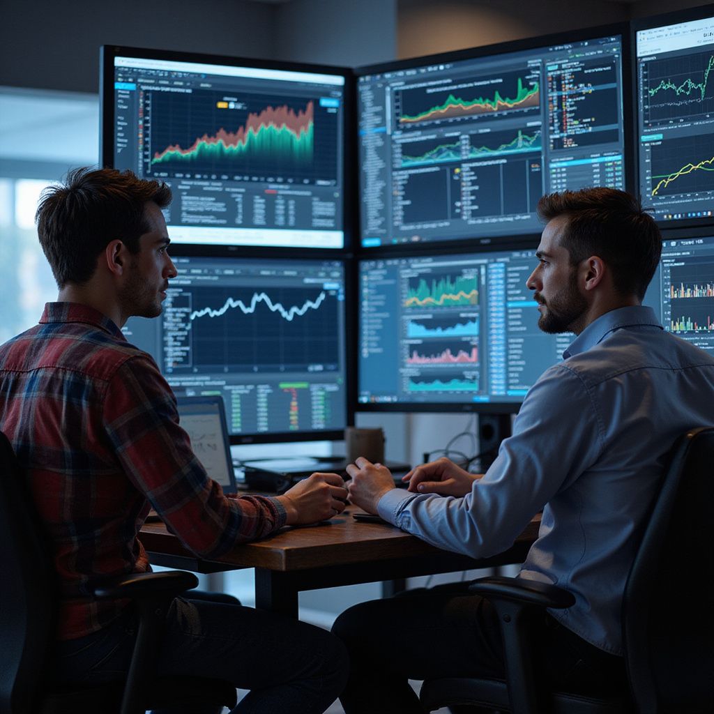 Zwei Männer analysieren Finanzdaten auf mehreren Computerbildschirmen.