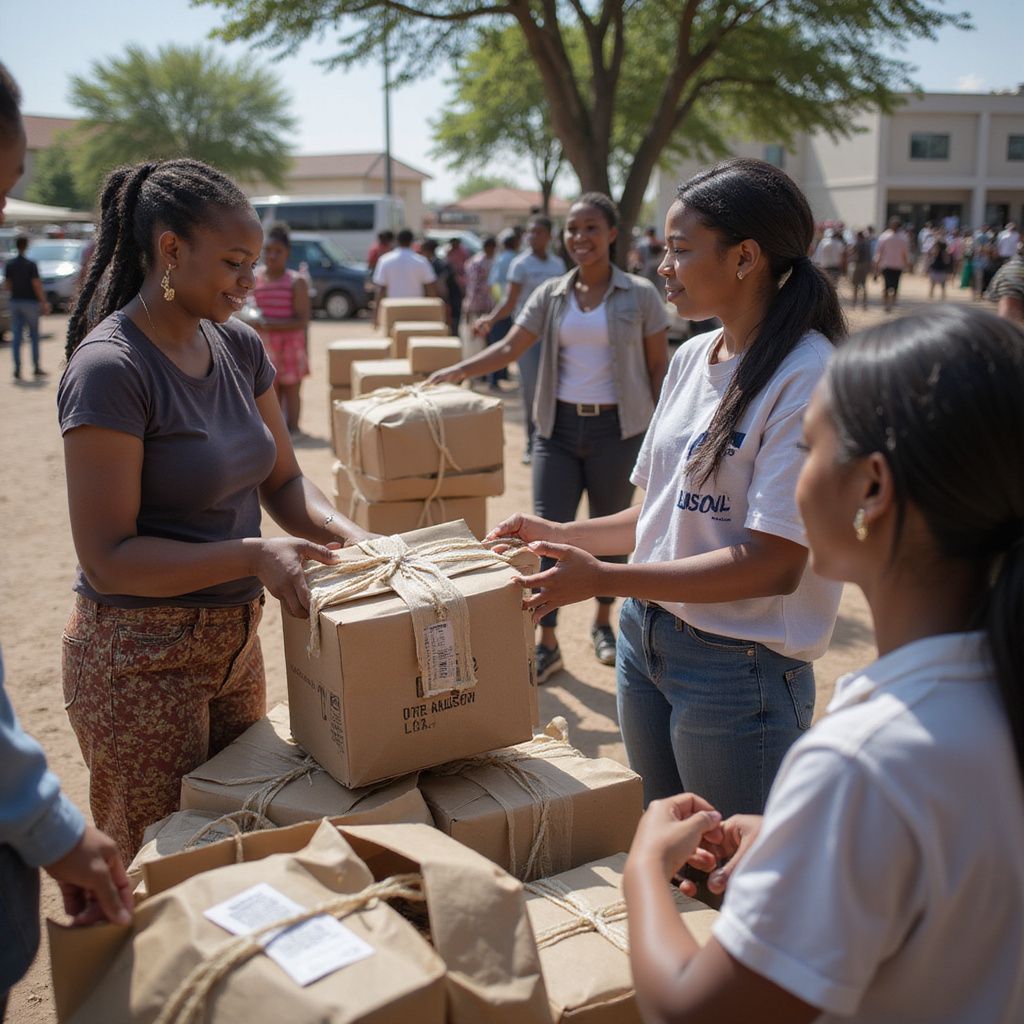 Menschen verteilen draußen Kartons. Die Kartons sind braun und mit Schnüren zusammengebunden.