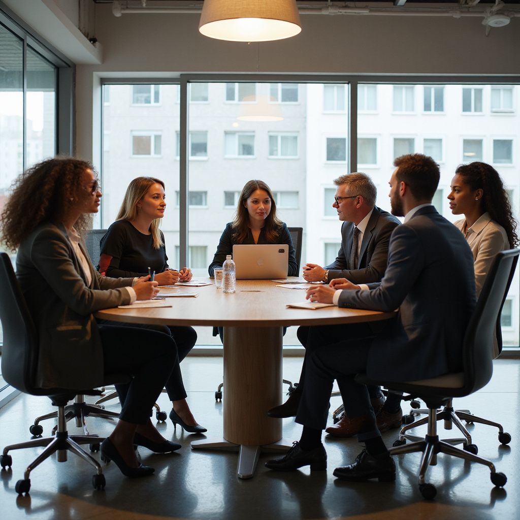 Menschen in Geschäftskleidung sitzen um einen Tisch, ein Laptop steht in der Mitte, und sie diskutieren Ideen.