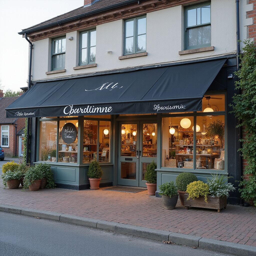Schaufenster mit schwarzer Markise und Glasfenstern, Topfpflanzen und dem Namen „Cheddlime“.