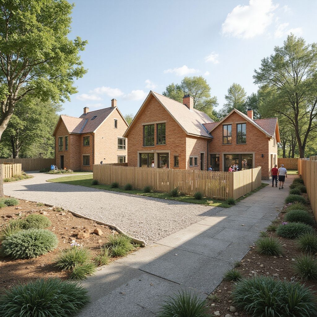 Zwei Backsteinhäuser mit identischen Giebeldächern, hellen Holzzäunen und einer Kiesauffahrt. Zwei Personen gehen vorbei.