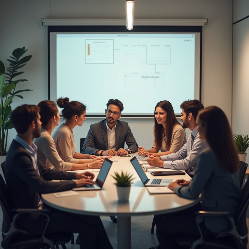 Geschäftstreffen in einem Konferenzraum; Menschen sitzen um einen Tisch, einer präsentiert Folien.