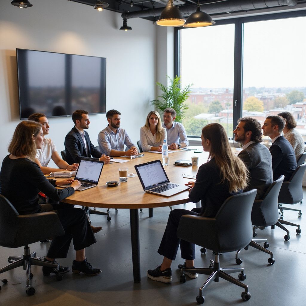 Eine Gruppe von Personen in Businesskleidung sitzt an einem Konferenztisch und nutzt Laptops. Modernes Büro mit großem Fenster.
