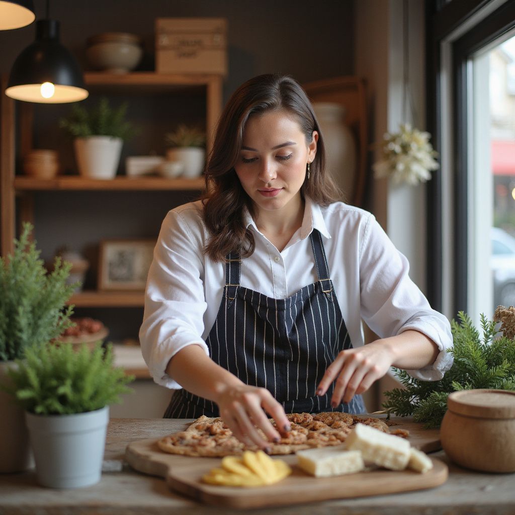 Frau mit Schürze arrangiert Lebensmittel auf einem Holzbrett. Innenaufnahme mit Pflanzen, Regalen und einem Fenster.