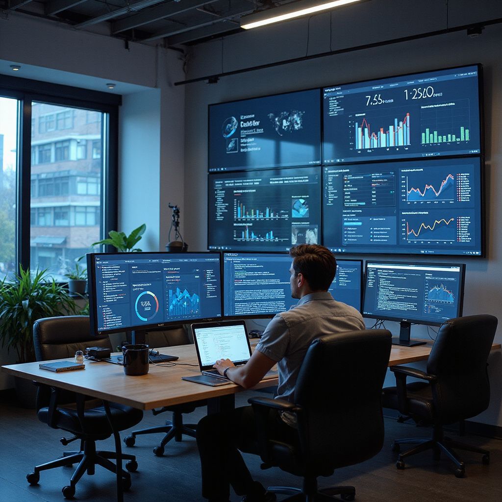 Ein Mann überwacht an einem Schreibtisch in einem schwach beleuchteten Büro Datenvisualisierungen auf mehreren Bildschirmen.