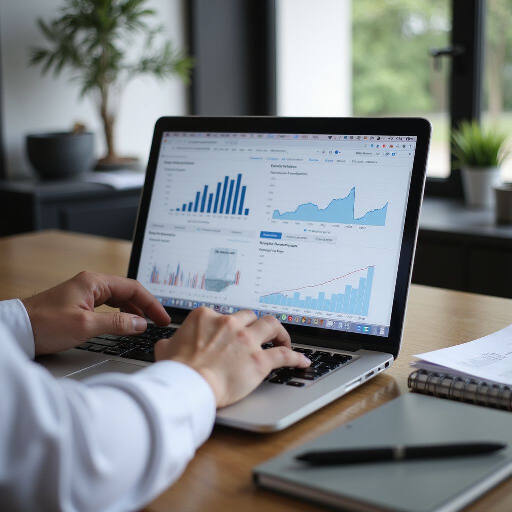 Eine Person tippt auf einem Laptop und betrachtet Finanzdiagramme und -grafiken auf dem Bildschirm.