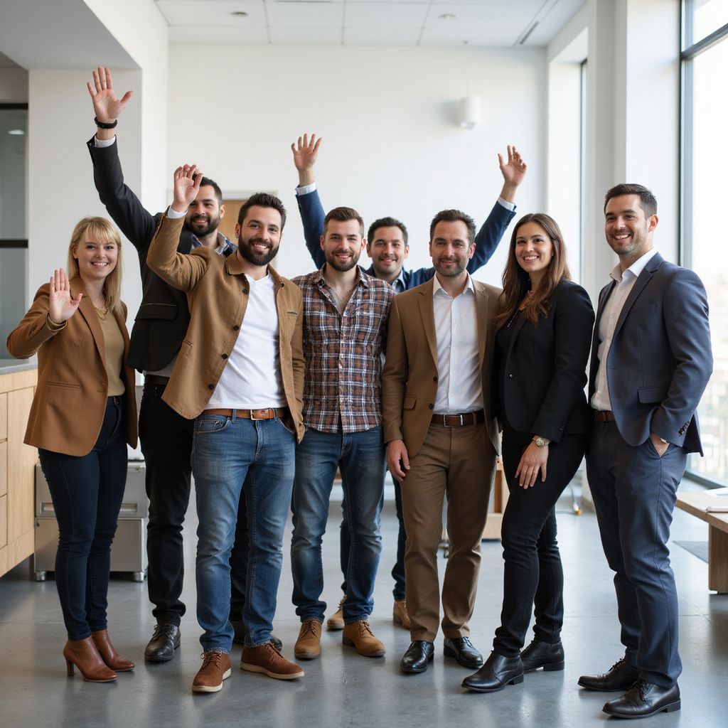 Eine Gruppe von Kollegen lächelt und winkt in einem Büro und feiert einen Erfolg.