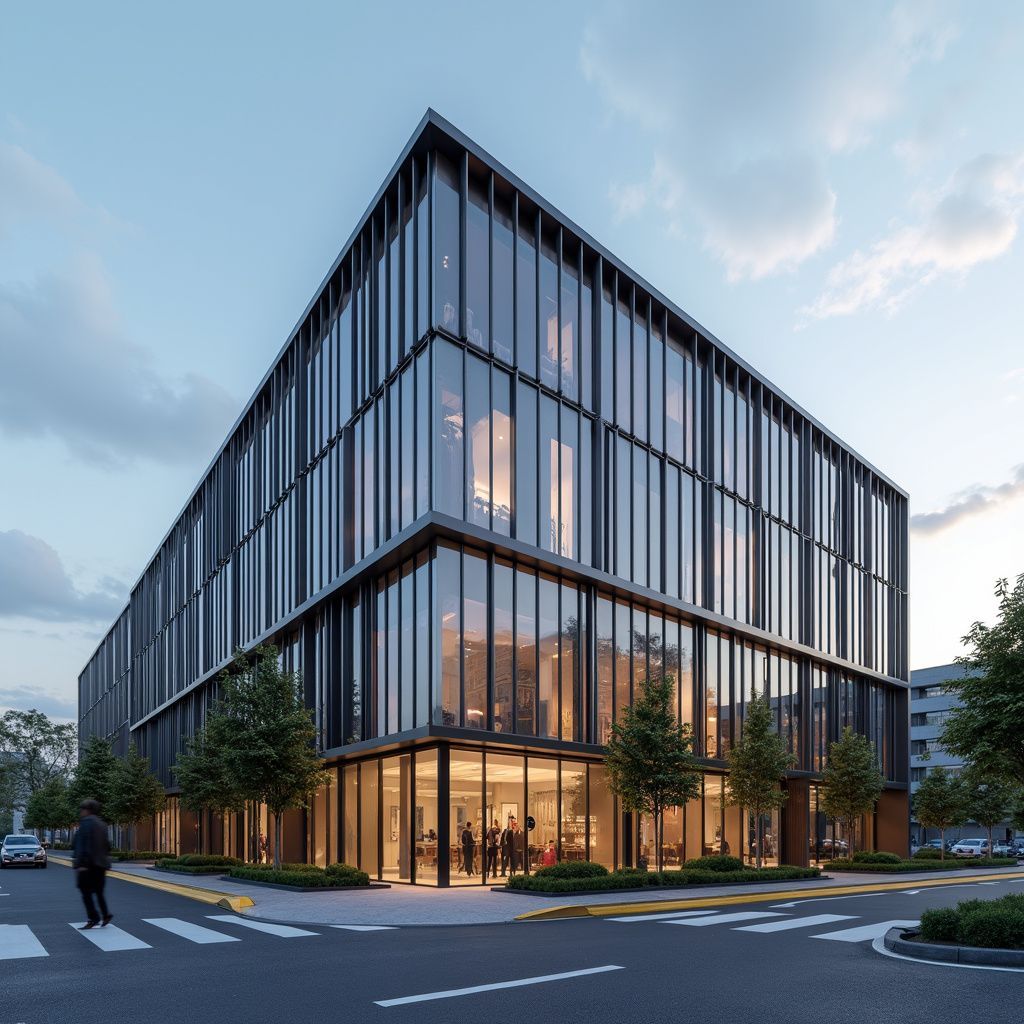 Modernes Gebäude aus Glas und Stahl mit Menschen im Inneren, Bäumen und einem Zebrastreifen.