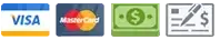 Payment methods: Visa, Mastercard, cash, and check icons.