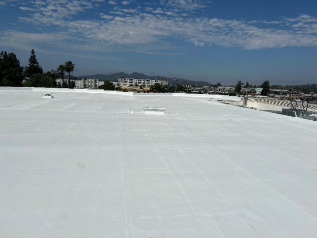 A flat, white-coated roof under a clear blue sky, overlooking a city skyline in the distance.