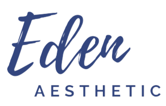 A blue logo for eden aesthetic on a white background.