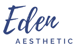 A blue logo for eden aesthetic on a white background.