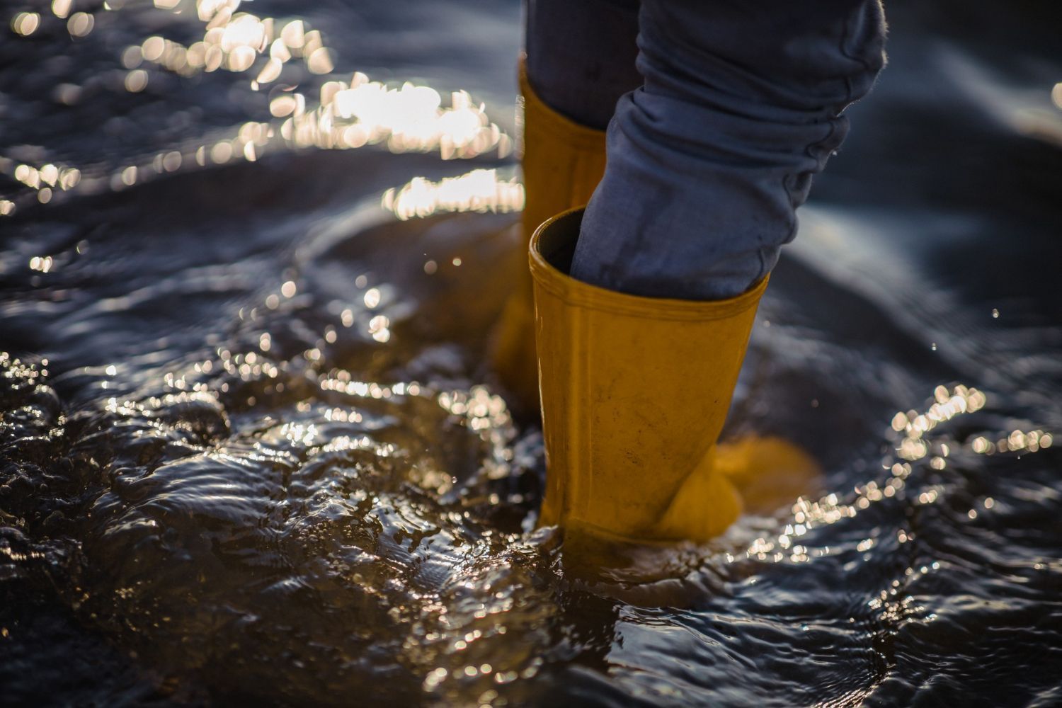 Yellow boots wading in dark water, creating splashes, on a sunny day.