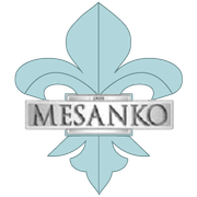 Light blue fleur-de-lis emblem with the word