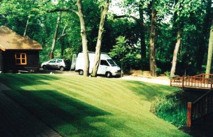 driveway and lawn with van in background