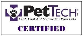 The logo for pettech cpr , first aid and care for your pets is certified.