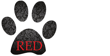 A black and red paw print with the word red on it.