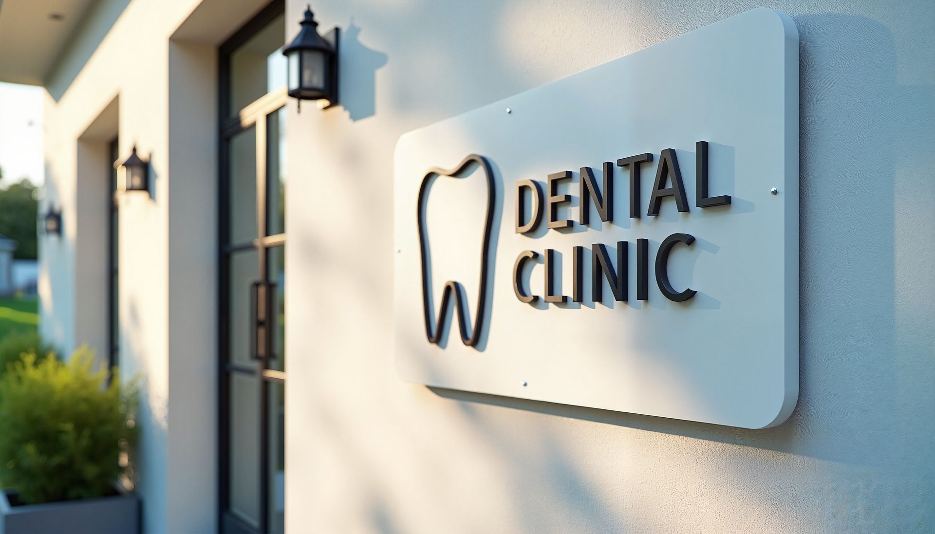 Dental clinic sign on building exterior.