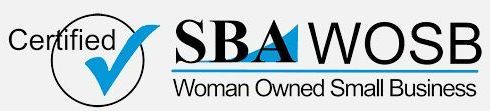 Certified SBA WOSB (Woman Owned Small Business) logo with blue check mark.