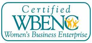 Certified WBENC Women's Business Enterprise logo with teal border. Two yellow figures with raised arms inside the 