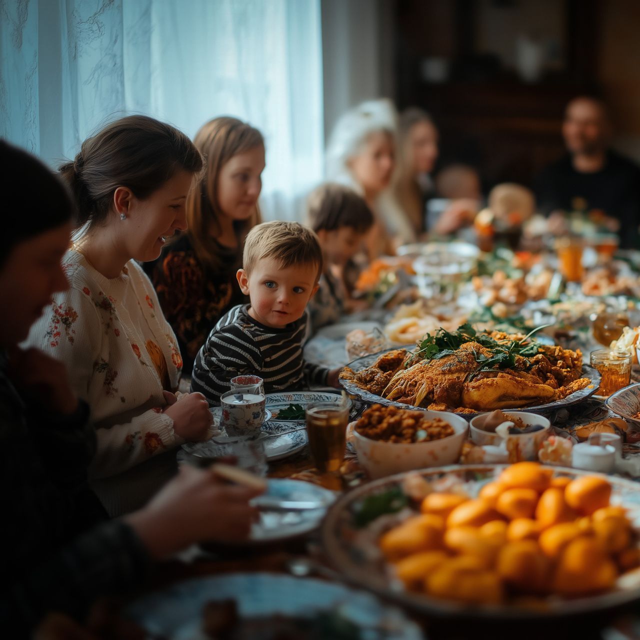 Image of large family sitting around a Thanksgiving feast.