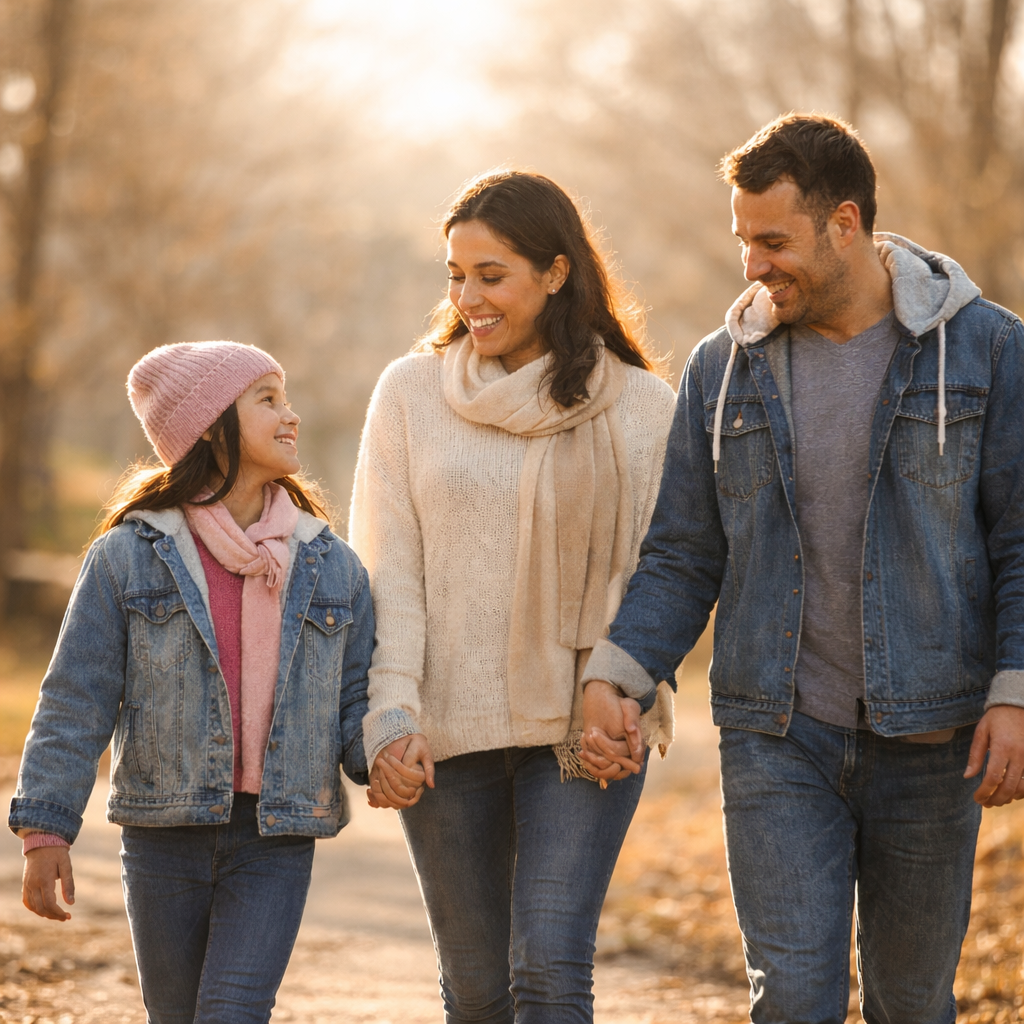 A happy family of three walks hand-in-hand through a sunlit winter park, dressed warmly.