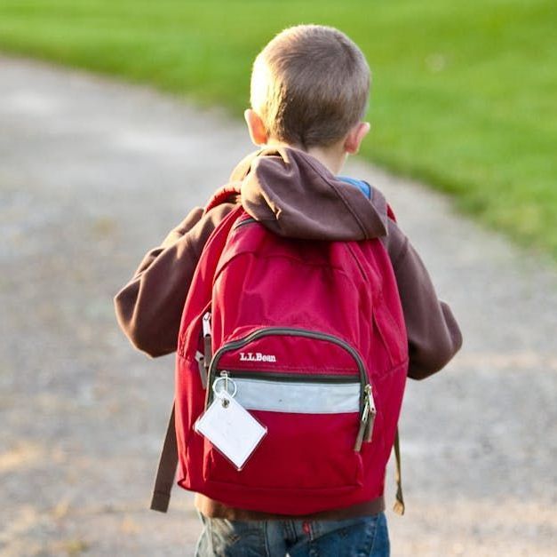 Image of young boy walking with school bag on his shoulders.