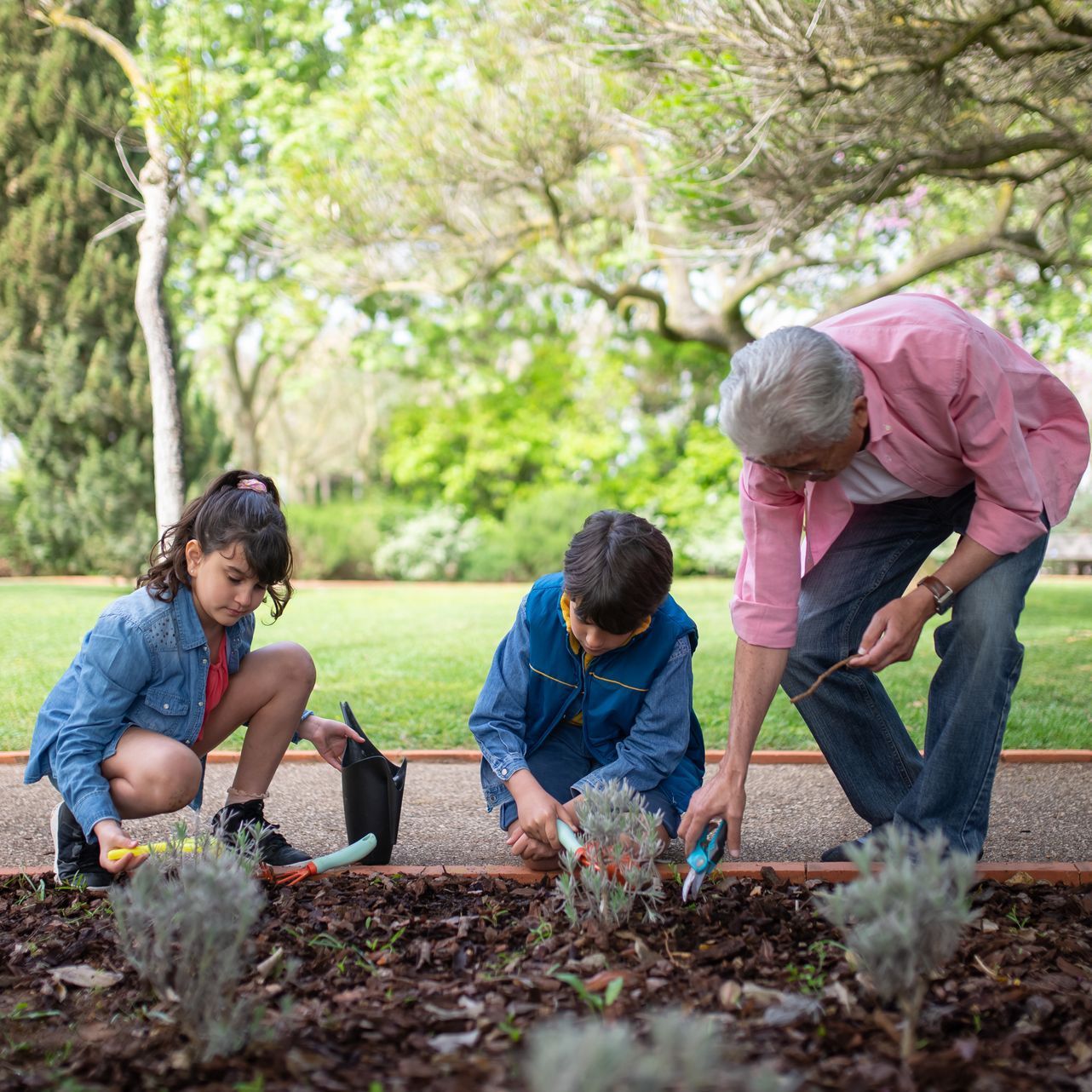 Image of two children gardening with their grandparent.