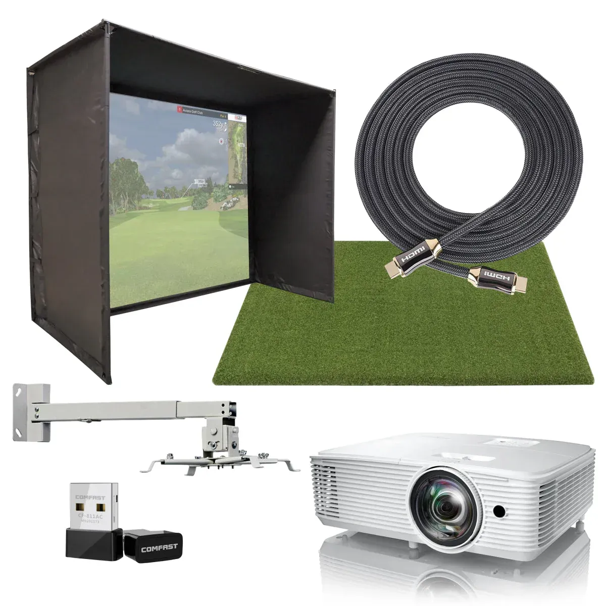 A projector is sitting on top of a green mat next to a screen.