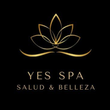 Un logotipo de Yes Spa con una flor de loto sobre un fondo verde.