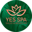 Un logotipo de Yes Spa con una flor de loto sobre un fondo verde.