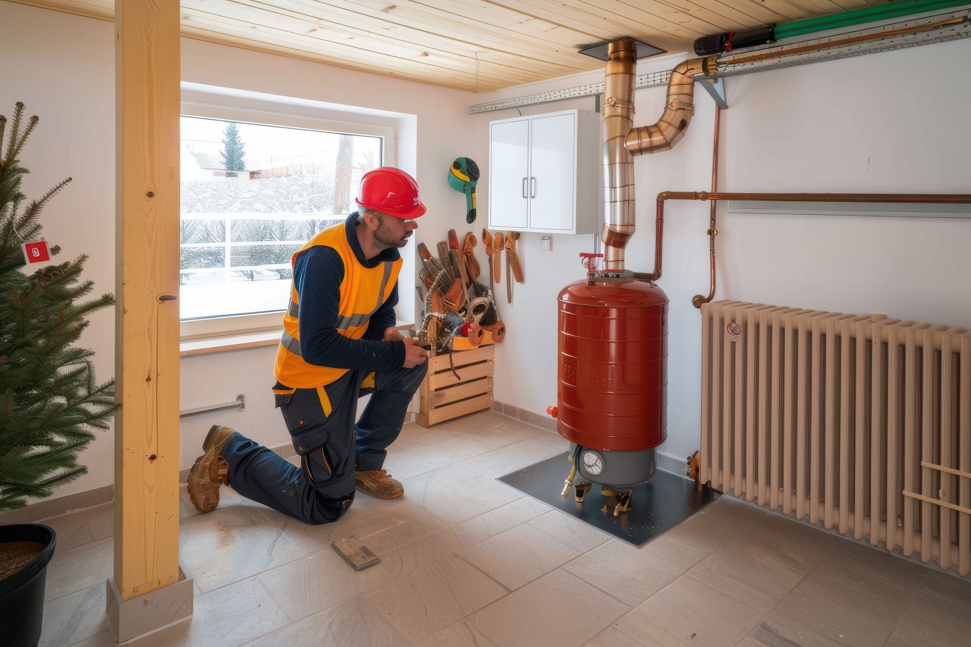 A man is kneeling down in a room next to a heater.