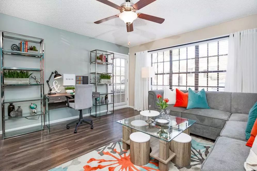 Living Room with Table, Couch and Desk