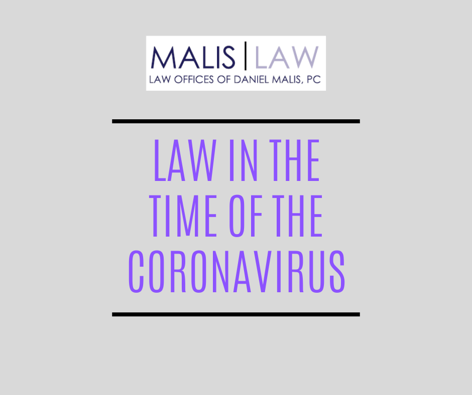 A poster that says law in the time of the coronavirus