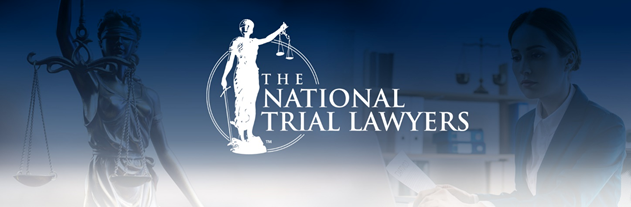 The national trial lawyers logo is on a blue background