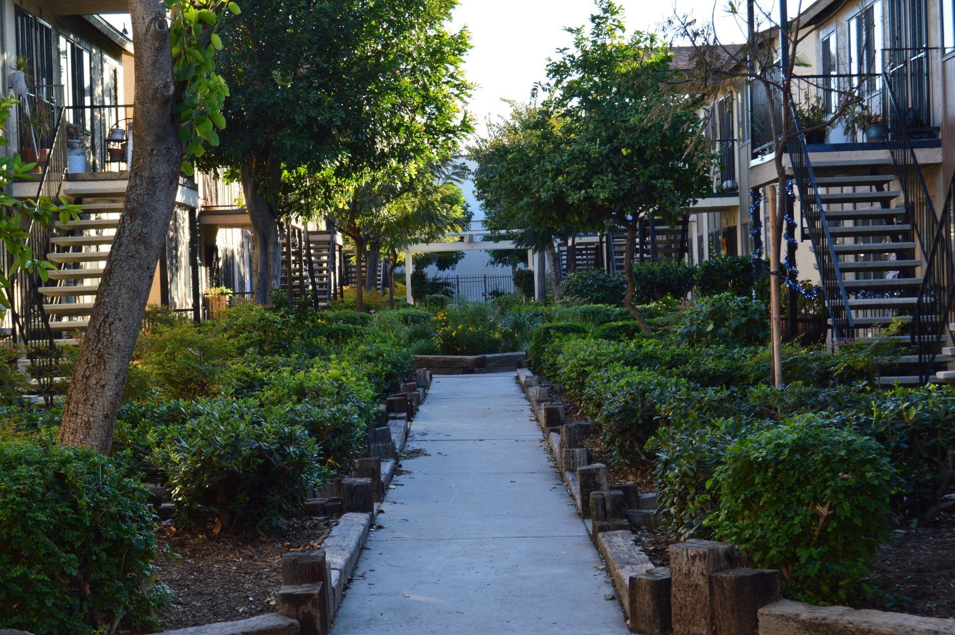 View of the sidewalk between the buildings at Park Haven Apartments