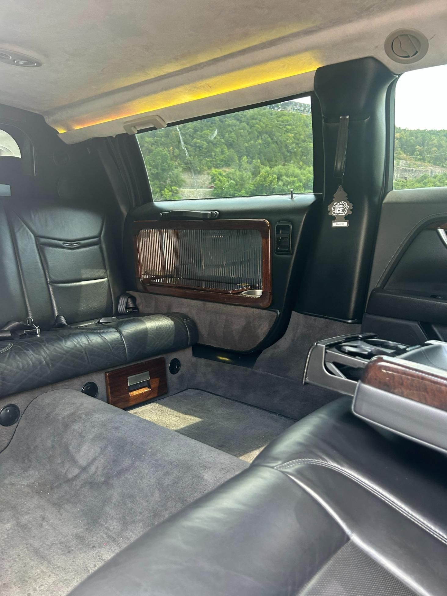 Interior of a black limousine: black leather seats, gray carpet, wood paneling, and a window with a view.