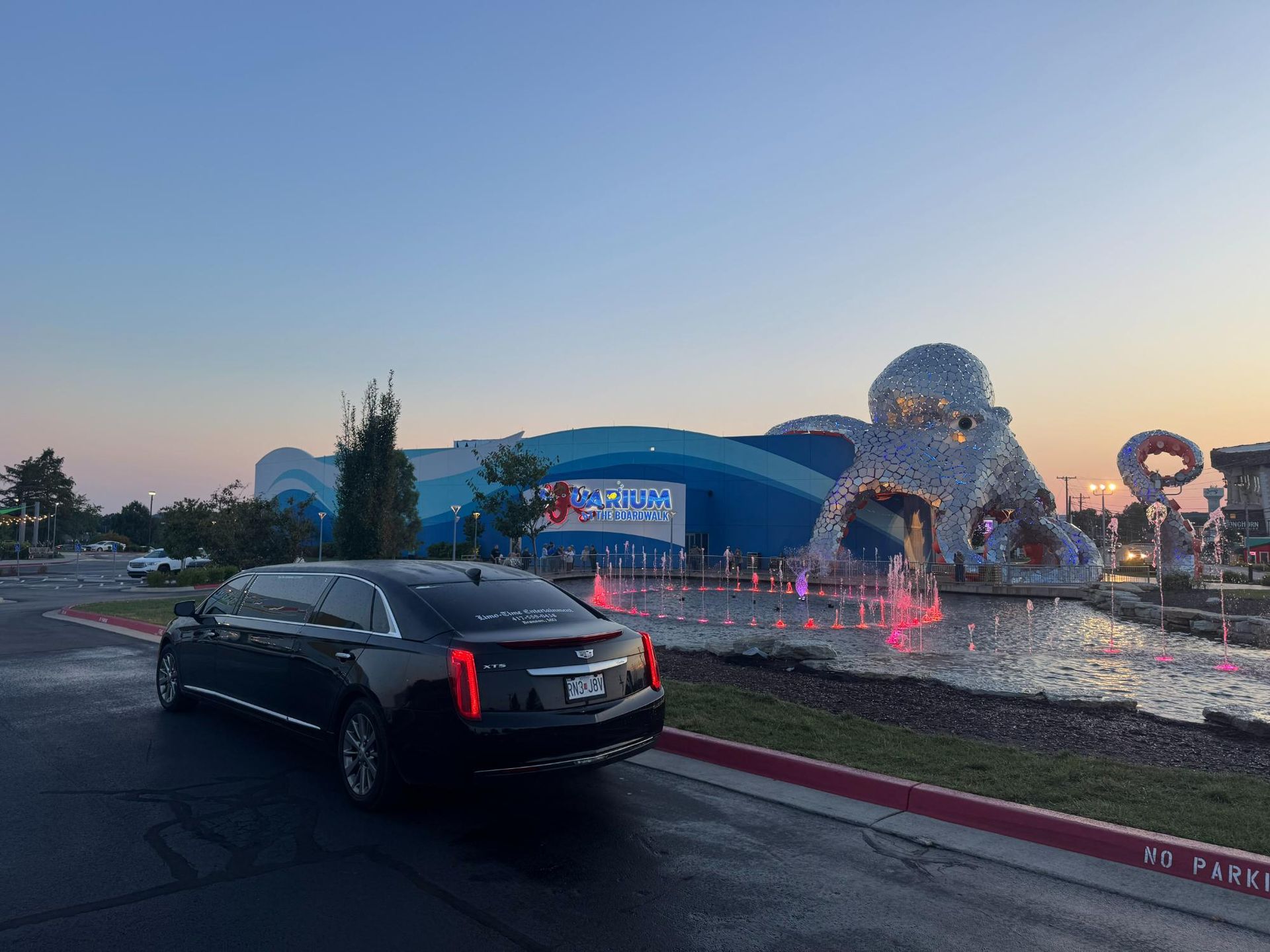 Black Cadillac parked outside a blue building with a large octopus sculpture and water fountains. Dusk setting.