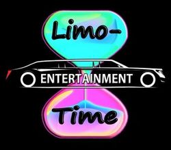 Black limousine graphic with "Limo-Entertainment-Time" in hourglass shapes, neon colors.