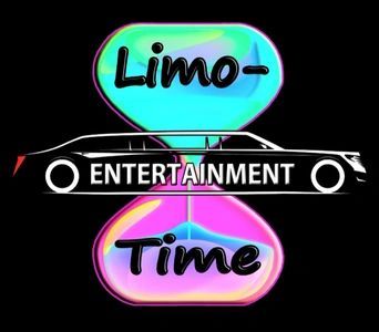 Black limousine graphic with "Limo-Entertainment-Time" in hourglass shapes, neon colors.