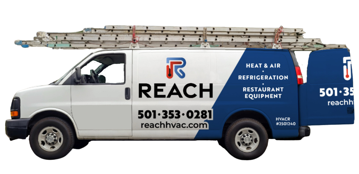 A reach van with a ladder on top of it.