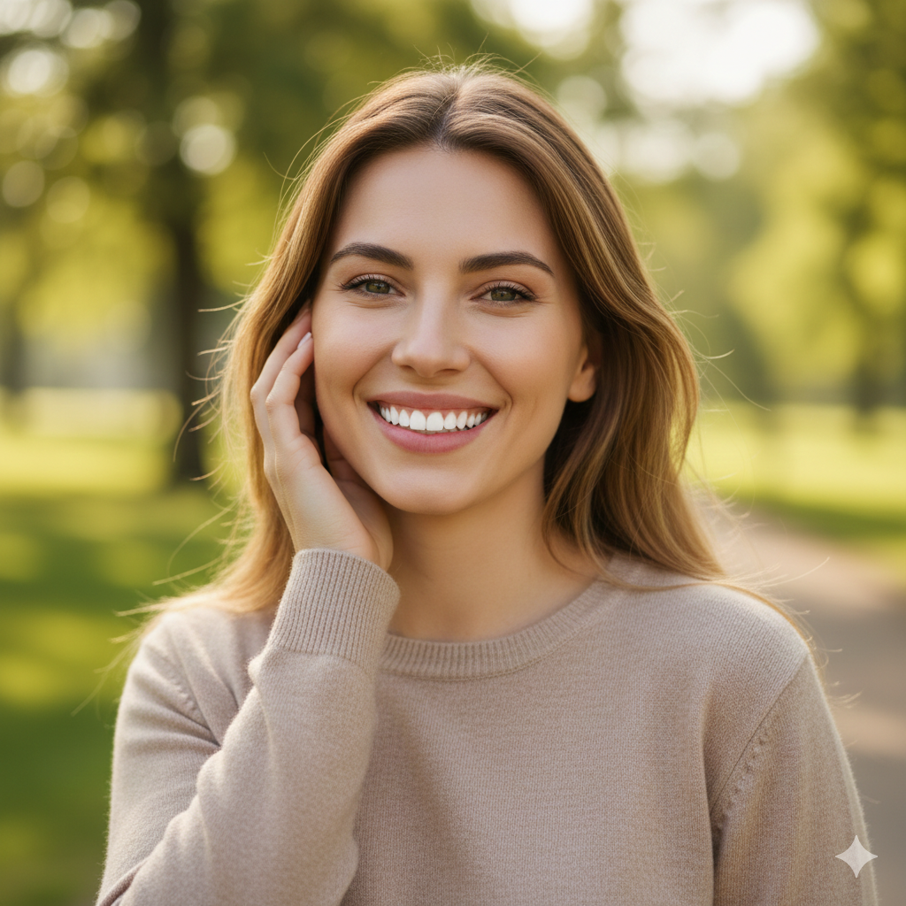 Woman smiling, hand on cheek, outdoors with blurred greenery.