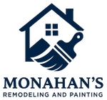Navy blue logo: house outline with paintbrush, "Monahan's Remodeling and Painting" text.